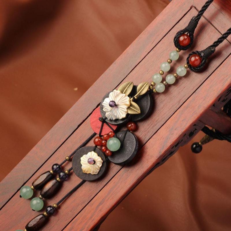 Этнический стиль Креативное бирюзовое деревянное украшение Кисточка Ожерелье Винтажный нефрит Длинная цепочка для свитера Богемное деревянное ожерелье с подвеской