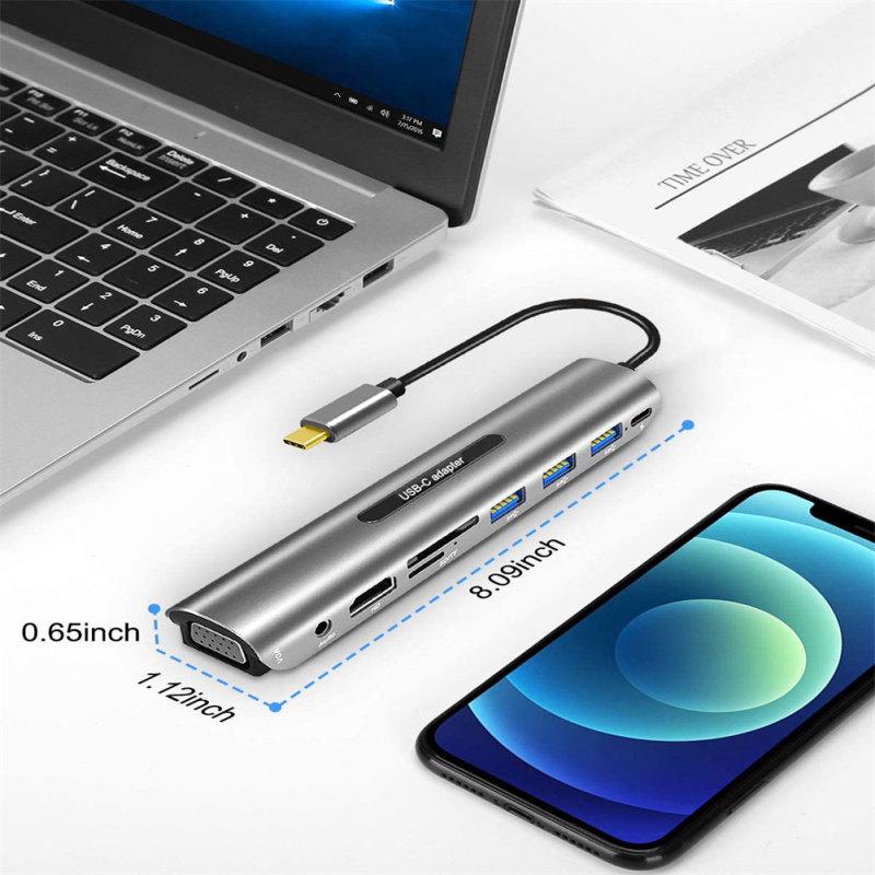 Адаптер USB-концентратора 9-в-1 с 4k HDMI-совместимым Vga 100 Вт Pd 3 USB-портами Аудиоразъем 3,5 мм Карта SD/TF