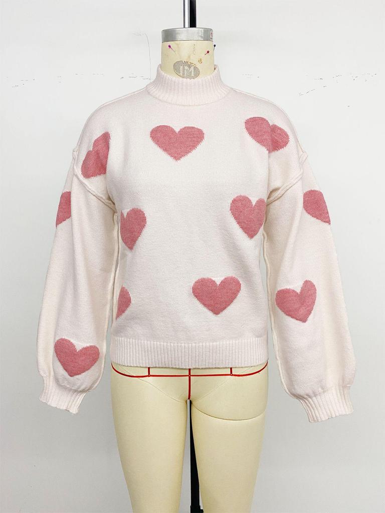 2025 Autumn/Winter Women's Christmas Love Jacquard Knit Sweater - European/American Style Semi-High Neck