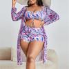 2024 New 3 Piece Beach Cover Up And Bikini Large Size Sets Sexy Swimwear Women Swimsuit High Waist Female Print Beach Wear