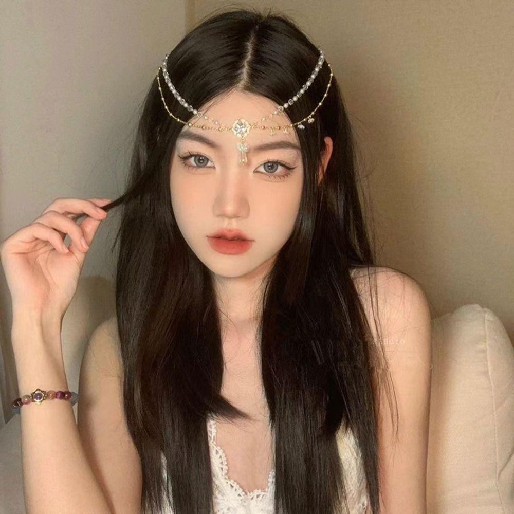 Flower Chinese Style Eyebrows Pendant Hair Accessories Crystal Head Chain New Year Side Clip