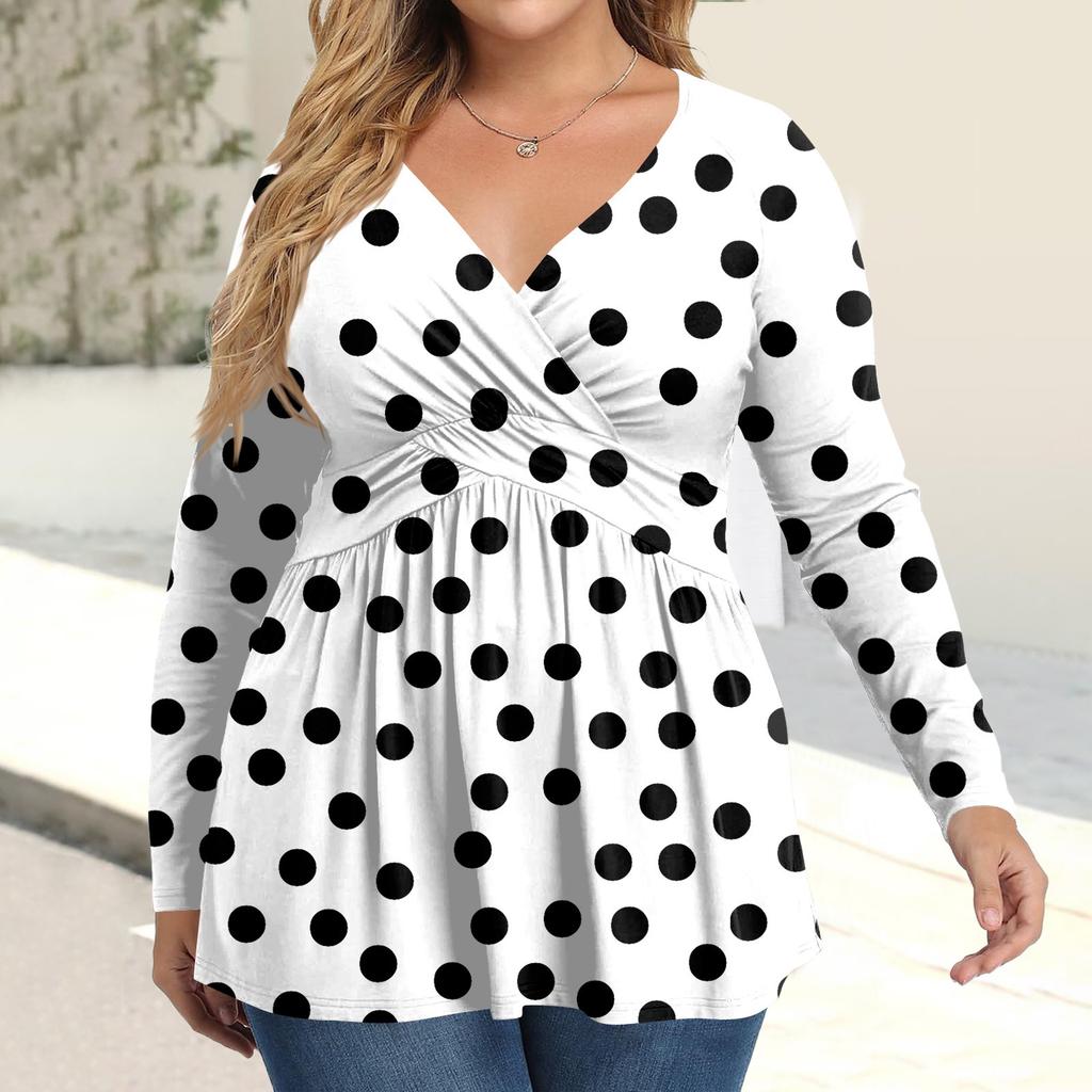 Женская рубашка большого размера с длинным рукавом, принт, плиссированный повседневный топ с V-образным вырезом