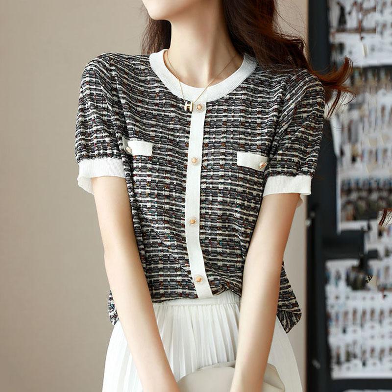 Элегантные Модные Трикотажные Топы с Коротким Рукавом и Круглым Вырезом, Универсальные Летние Пуловеры на Пуговицах для Повседневной Носки, Женская Одежда