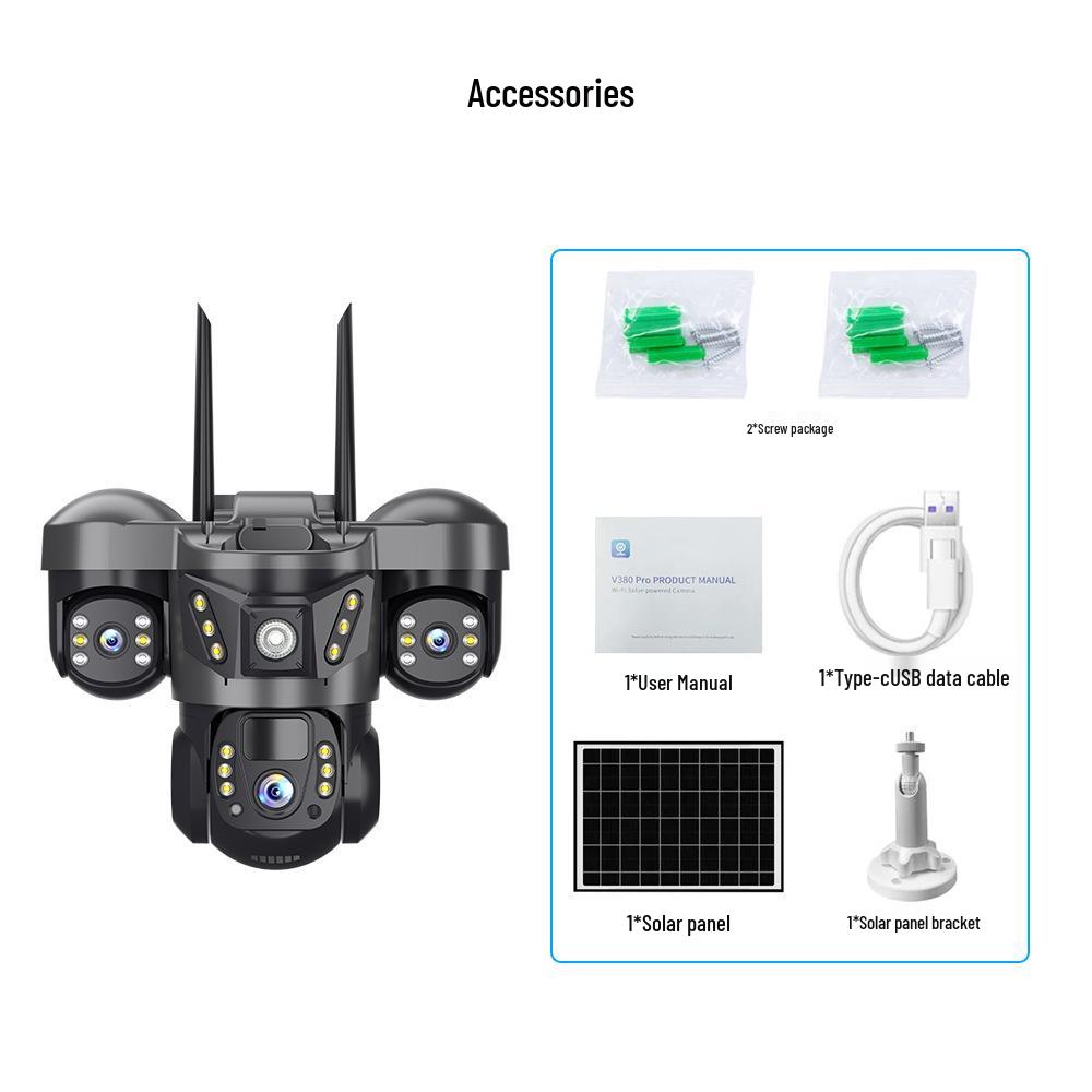 Triple-Screen 360° Wireless Solar Surveillance Camera with Tri-Lens Integration.