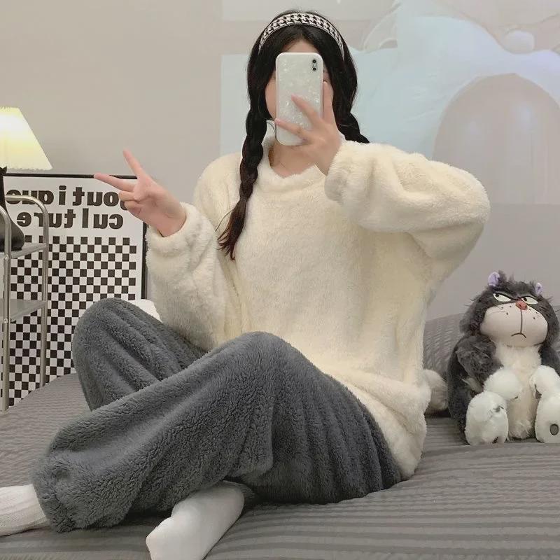 Женский зимний фланелевый плюшевый пижамный комплект с длинными рукавами