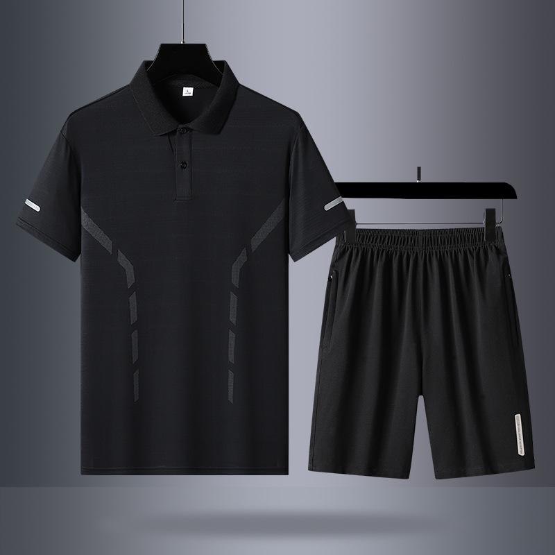 Летний спортивный комплект из ледяного шелка, мужской, с коротким рукавом, для среднего возраста, для отдыха, комплект из двух предметов