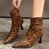 2024 Autumn and Winter New Sexy Leopard Print Pointed Suede Thin Heel Short Boots, Slim Boots, Women's High Heels Fashion Boots