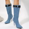 Denim Belt Buckle Thin Boots Autumn and Winter New Thin Heel Pointed Boots High Heel Medium Tube Fashion Boots Women