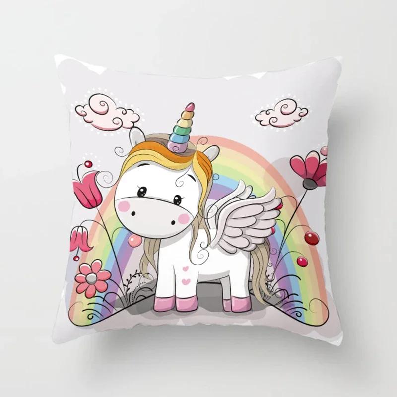 Милый узор с принтом единорога, квадратная подушка, полиэстеровая наволочка, подушка для дивана, офисного кресла, простая домашняя декорация