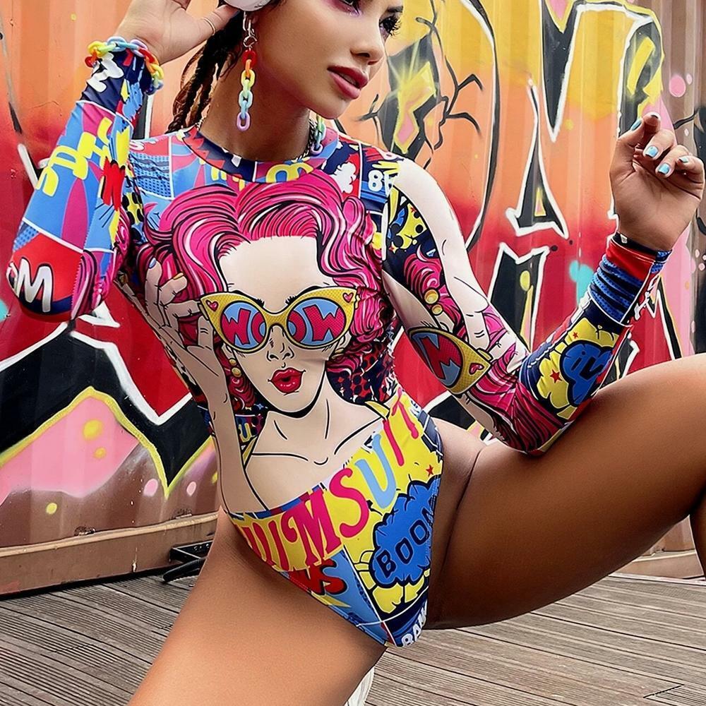 Women Backless Swimsuit One Piece Rash Guard Sun Protection Swimwear Sport Summer Print Surfing Sports Suit Bodysuit