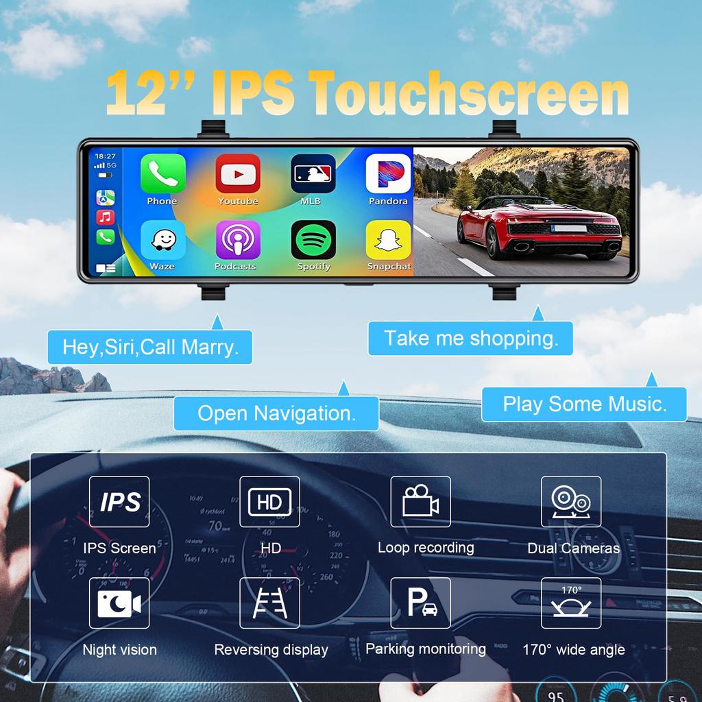 Aprilboy 12'' 4K Carplay&Android Auto Автомобильный видеорегистратор Зеркало заднего вида с камерой для видеорегистратора Камера заднего вида 1080P