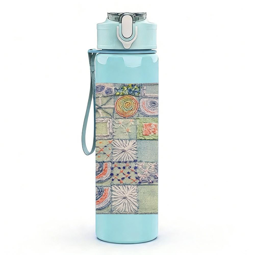 1PC Mosaic Patchwork Quilt Square Print 750ml Color Plastic Sports Water Bottle Leakproof Flip Straw Lid Suitable for Sports Office Home Use