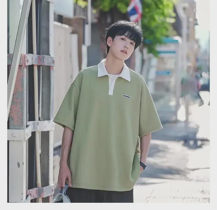 Мужская рубашка-поло в японском стиле в стиле ретро, контрастного цвета, плотная, свободного кроя, короткие рукава