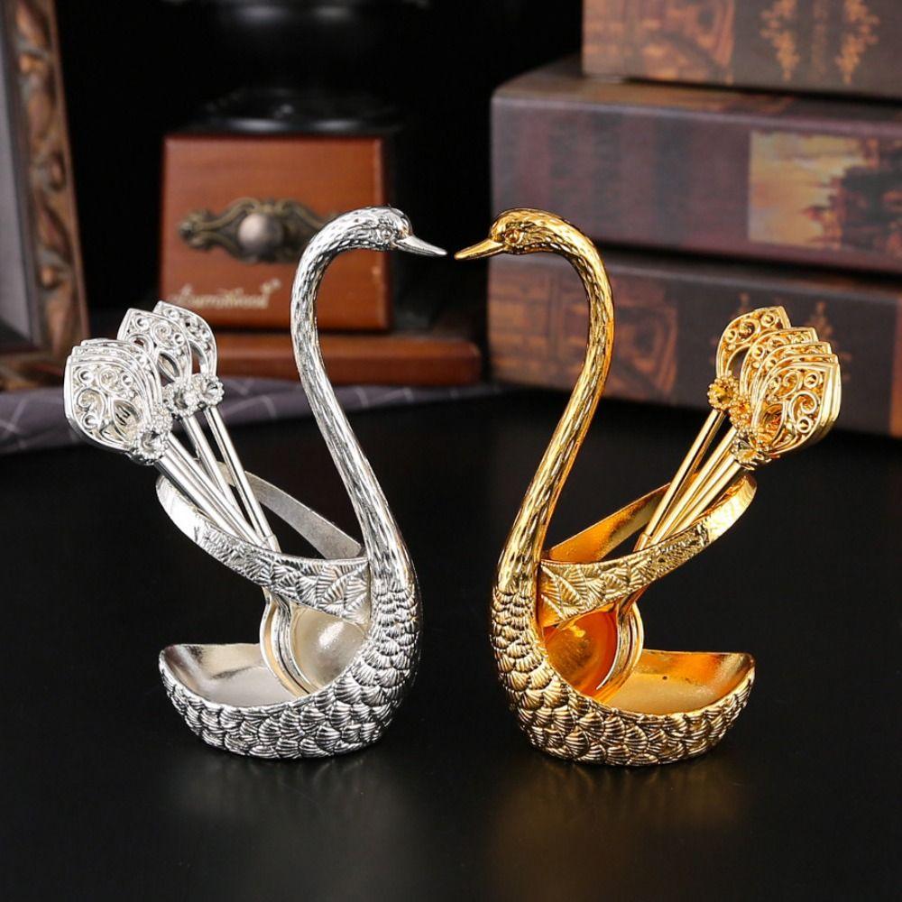 6Pcs with Swan Shaped Base Luxury Dessert Utensils Zinc Zinc Zinc Alloy Dessert Spoon Coffee Dessert