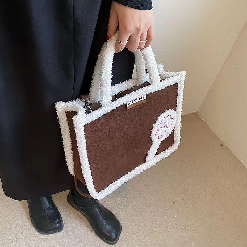 Lamb Wool Tote Bag Women Autumn Winter Large Capacity Commuting Casual Handbag Ladies College Student Class Crossbody Bag Warm