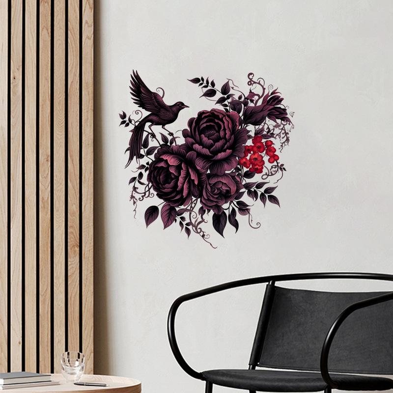 Фиолетовый Черный Пион Цветок Птица Наклейка На Стену Самоклеящаяся Съемная Наклейка Для Спальни Гостиной Домашнего Декора Виниловая Художественная Роспись