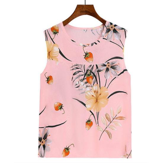 2 Pcs/Set Women Vest Pants Set Flower Print Round Neck Sleeveless Loose Pleated Elastic Waist Wide Leg Casual Homewear Mid-aged Mother Pajamas Set