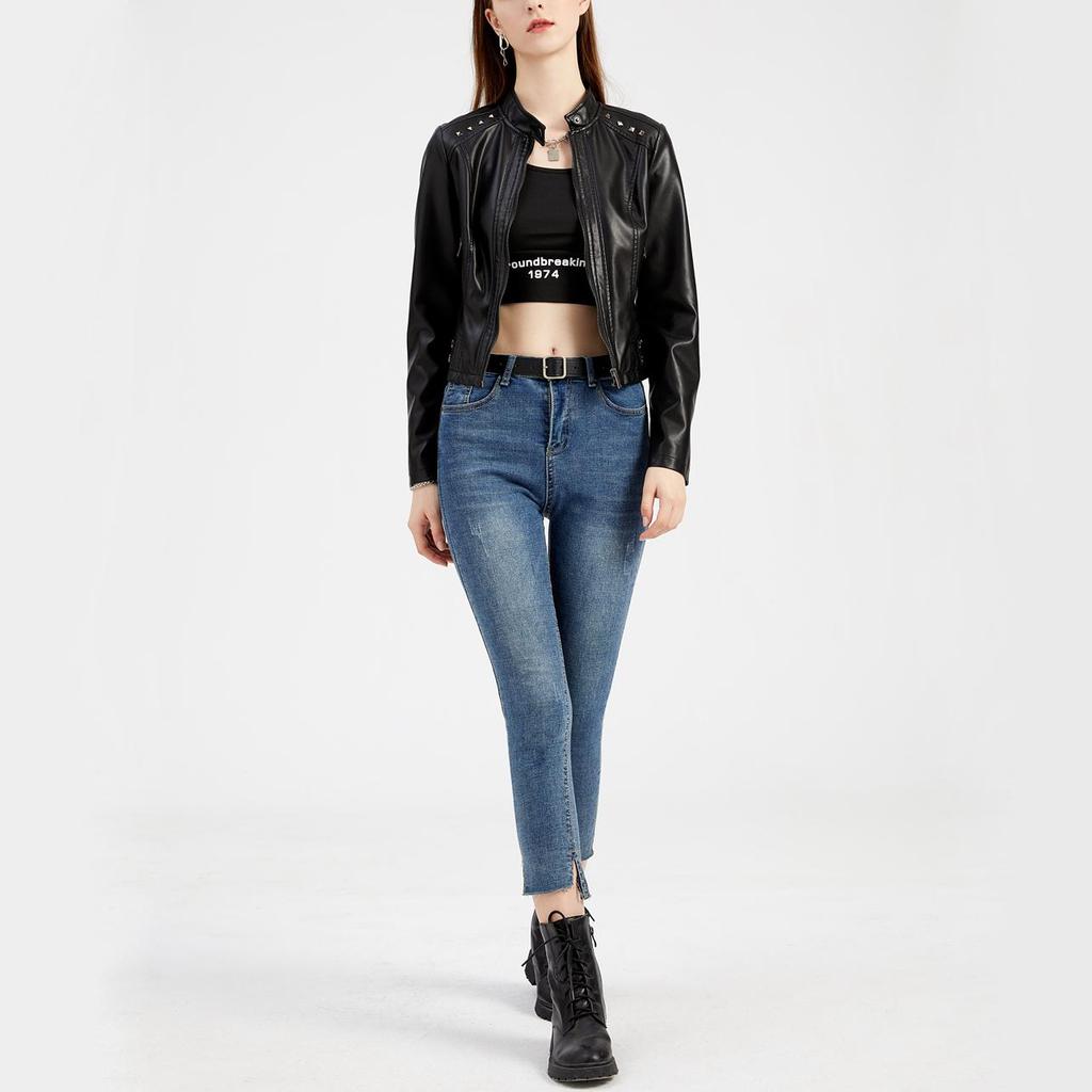 Women Faux Leather Jacket Cropped Zip Up Motorcycle Short PU Moto Biker Outwear Fitted Slim Coat with Pockets Stylish Rivets Punk Rock Fashion Blazer