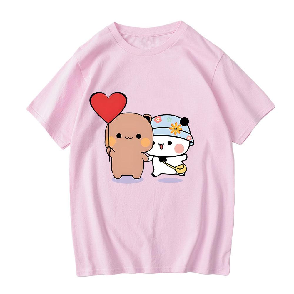 Kawaii Bear Panda Bubu And Dudu T Shirts Holding Hands With Love Balloon Print Tee-shirt 100% Cotton Tshirt Oversize Boys/Girls O-Neck Tees Fashion