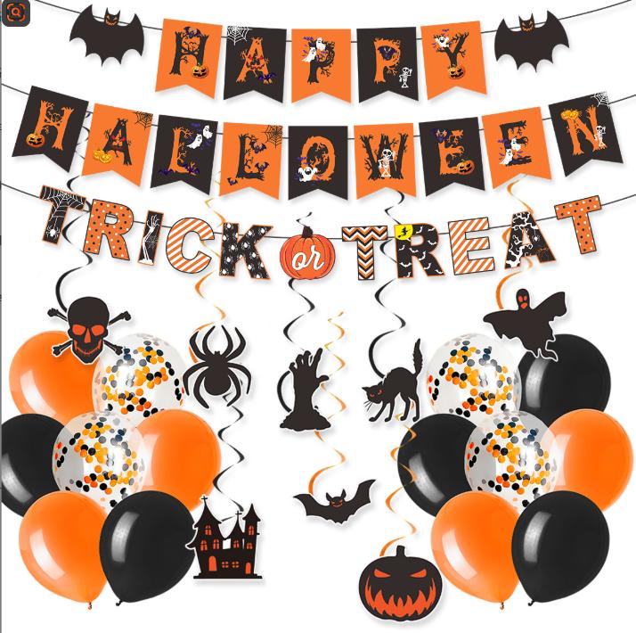 Halloween Party Decorations 26pcs Bat Black Orange Swirl Pull Flags Spiral Balloons Set for Haunted House School Mall