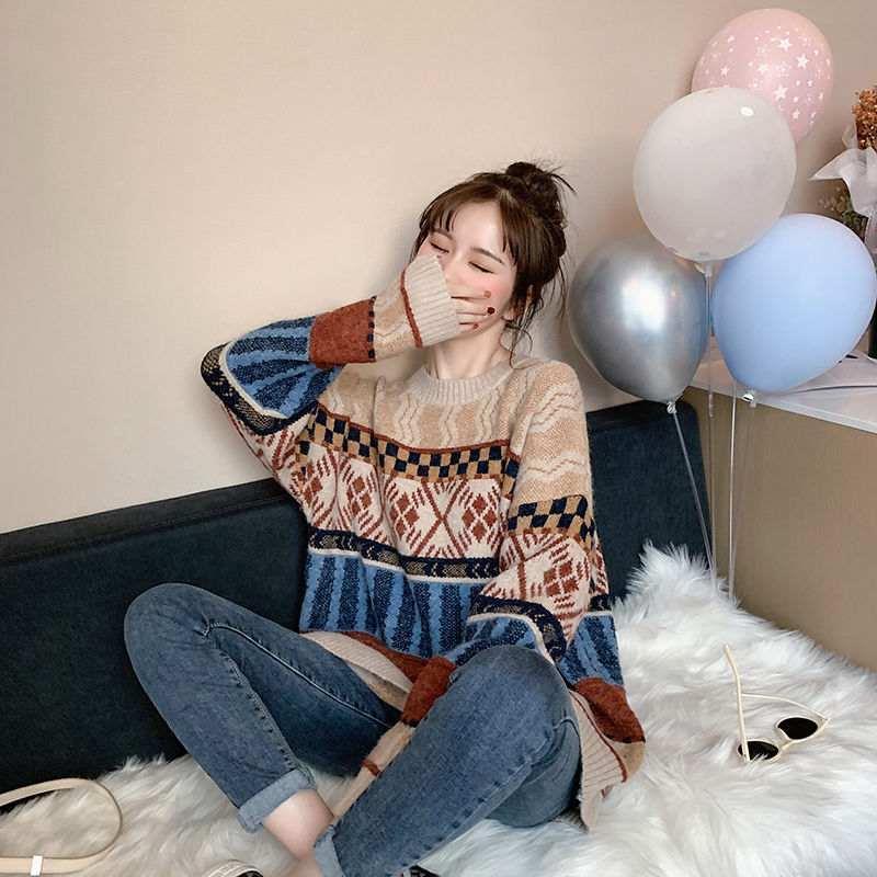 Women Striped Spliced Long Sleeved Sweaters Korean Retro Artistic Loose Knit Tops Autumn Casual Versatile Woman Pullover Sweater