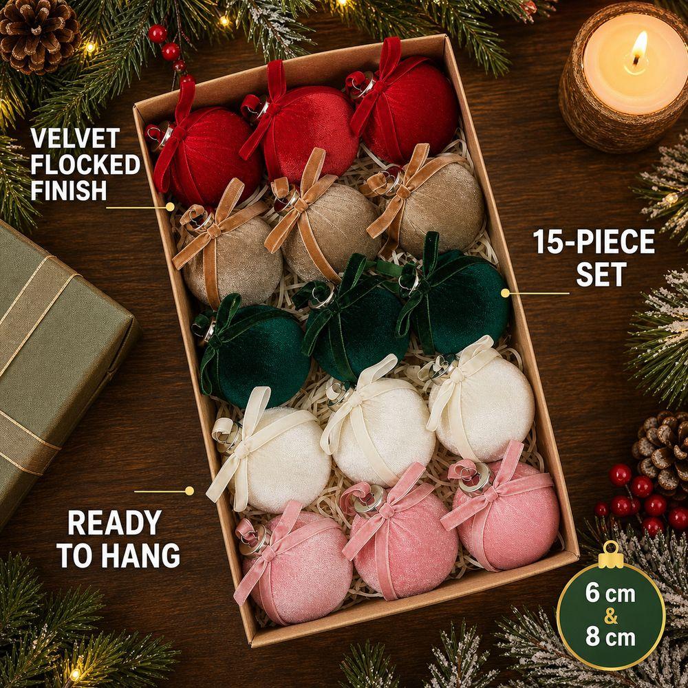 15pcs Velvet Christmas Ornaments Christmas Ball Ornaments Soft Plush Texture Ribbon Bow Ornaments