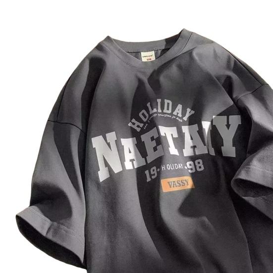 Men Summer T-shirt Letter Print Short Sleeves Round Neck Loose Retro Japanese Style Casual Daily Wear Teenager