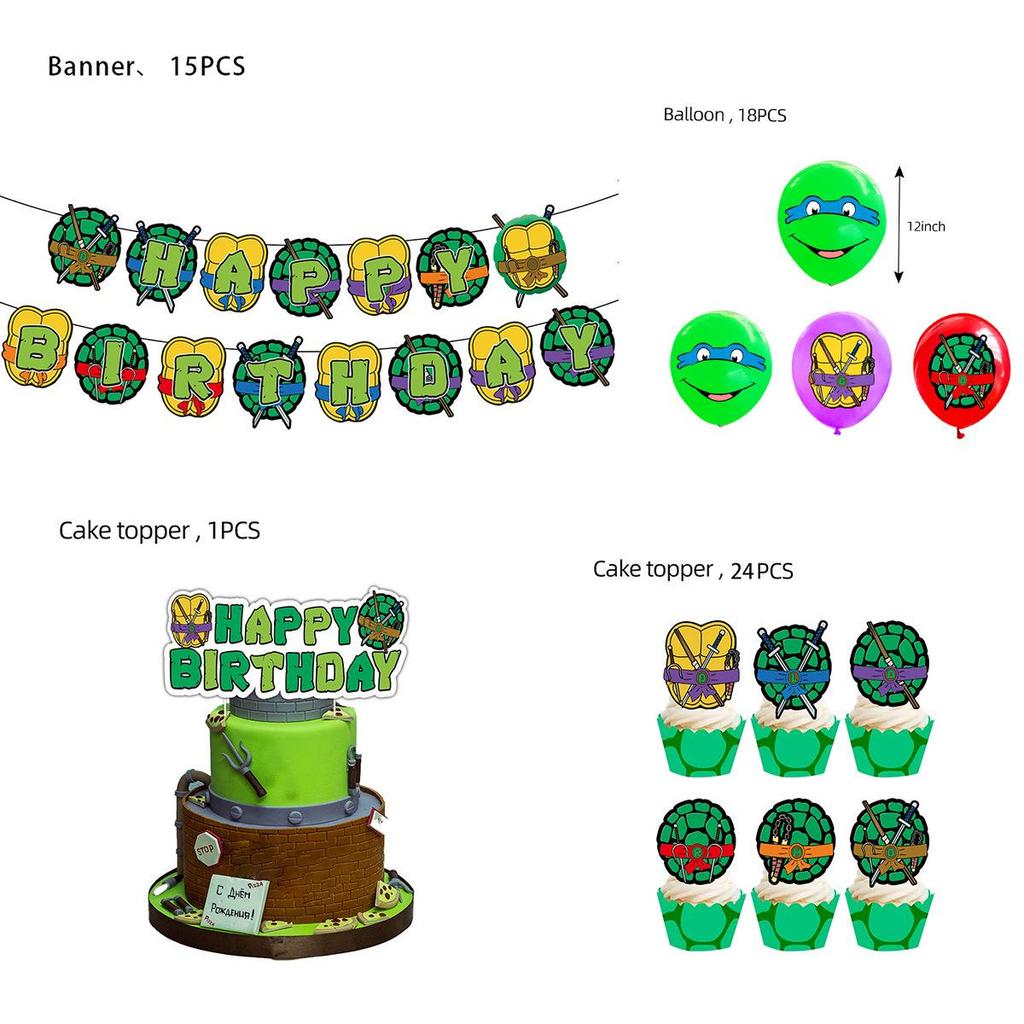 New Ninja Turtles Birthday Party Tableware Set: Plates, Napkins, Tablecloth, Bunting, and Cake Decorations for Kids