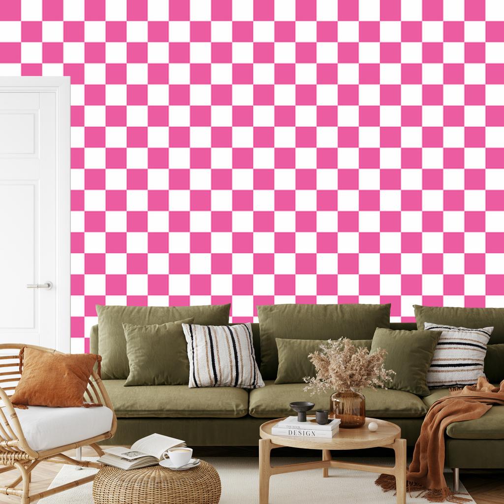 Checkerboard wallpaper, white and purple, powder pink background, 50x1000