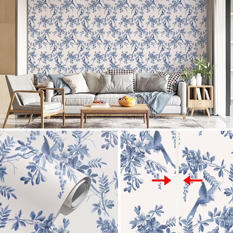 Обои ПВХ Дерево Синие Листья Ретро Самоклеящиеся Водонепроницаемые Наклейка для Мебели Шкафа Обновленный Декор Стен Ванной Комнаты Кухни