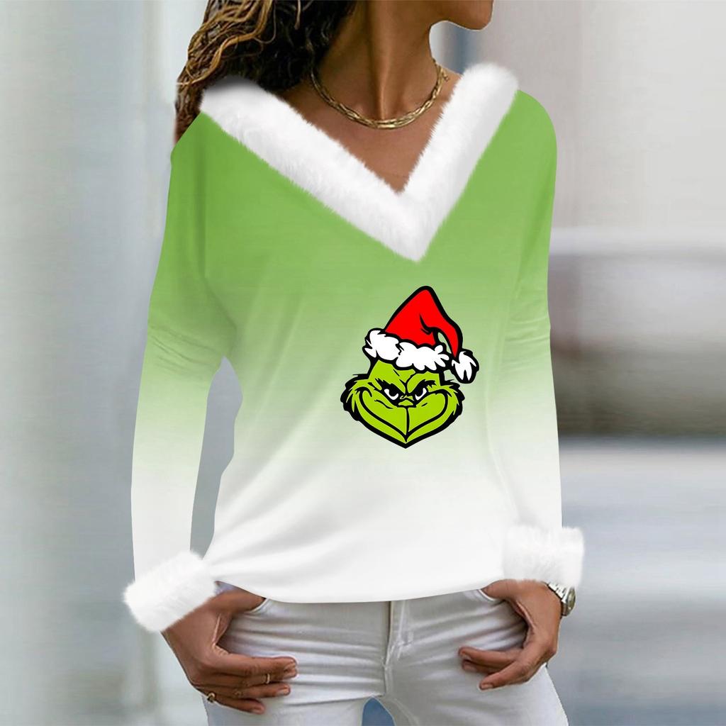 Женская футболка, рождественская рубашка с длинным рукавом, вечерние, рождественский флисовый воротник, топ с v-образным вырезом