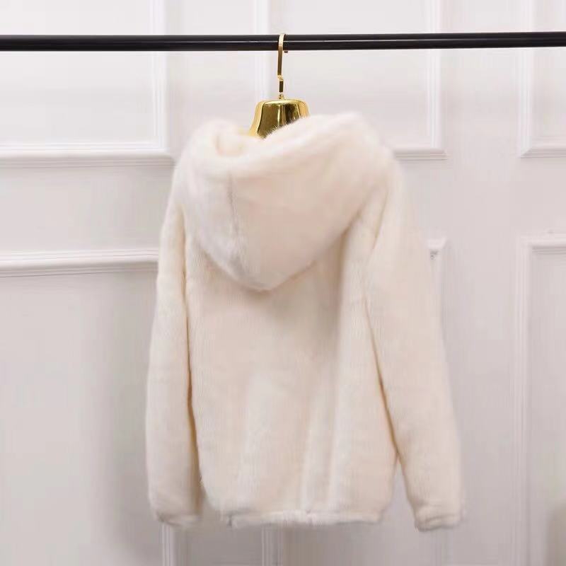Jacket women's short autumn and winter new imitation rabbit hair loose plush thickened hooded cardigan sweater Europe and America
