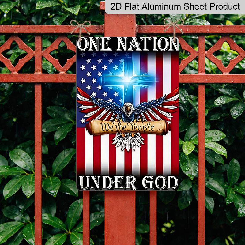 2D Flat "A Country Under God Patriotic Eagle " Metal Sign, 8×12 Inch Aluminum Wall Art, American Flag Design with Cross and Eagle Design, Durable