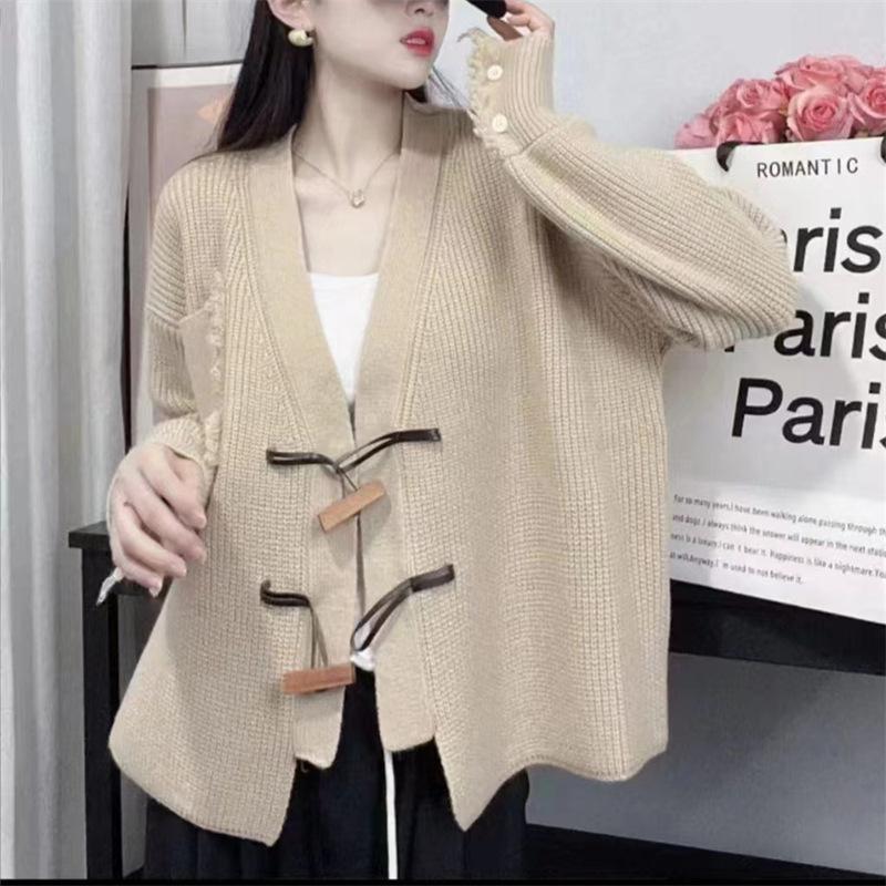 Осенне-зимний женский свитер «Ленивый ветер» с деревянными пуговицами Тяжелый вязаный кардиган ручной работы большого размера Женский свободный свитер с кисточками Женская куртка Tide