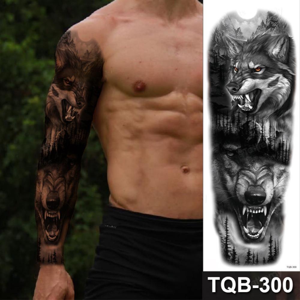 Full Arm Fake Tattoo Sleeve Men and Women Temporary Tattoo Sticker Lion Werewolf Cross Big Arm Tattoo Waterproof