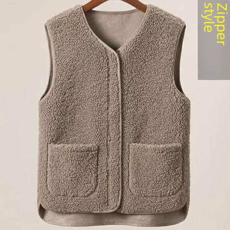 Женский жилет из овечьей шерсти на молнии, осенне-зимний - утолщенный меховой жилет