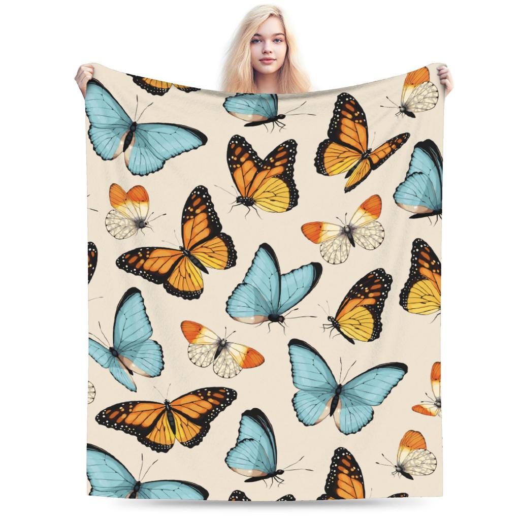 Vinatge Butterfly Pattern Blanket Flannel Autumn/Winter Multifunction Soft Throw Blankets for Bed Outdoor Rug Piece