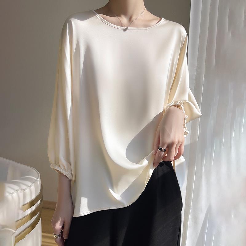 Summer Women's Silk T-shirt Round Neck Pullover Short Satin T-shirt Loose Thin Temperament Blouse
