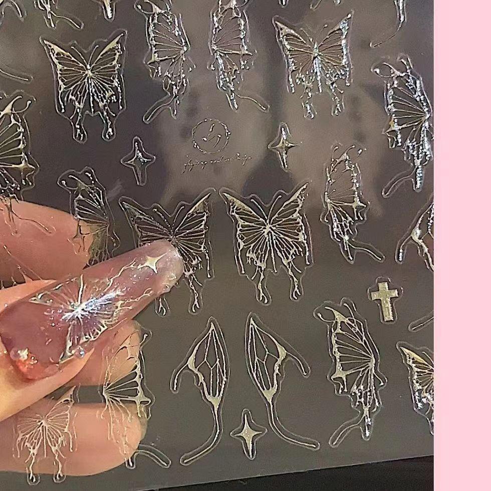Nail Art Hand Painted Liquid Butterfly Sticker Silver Dark Waterproof Ins Hollow Black and White Silver Decals