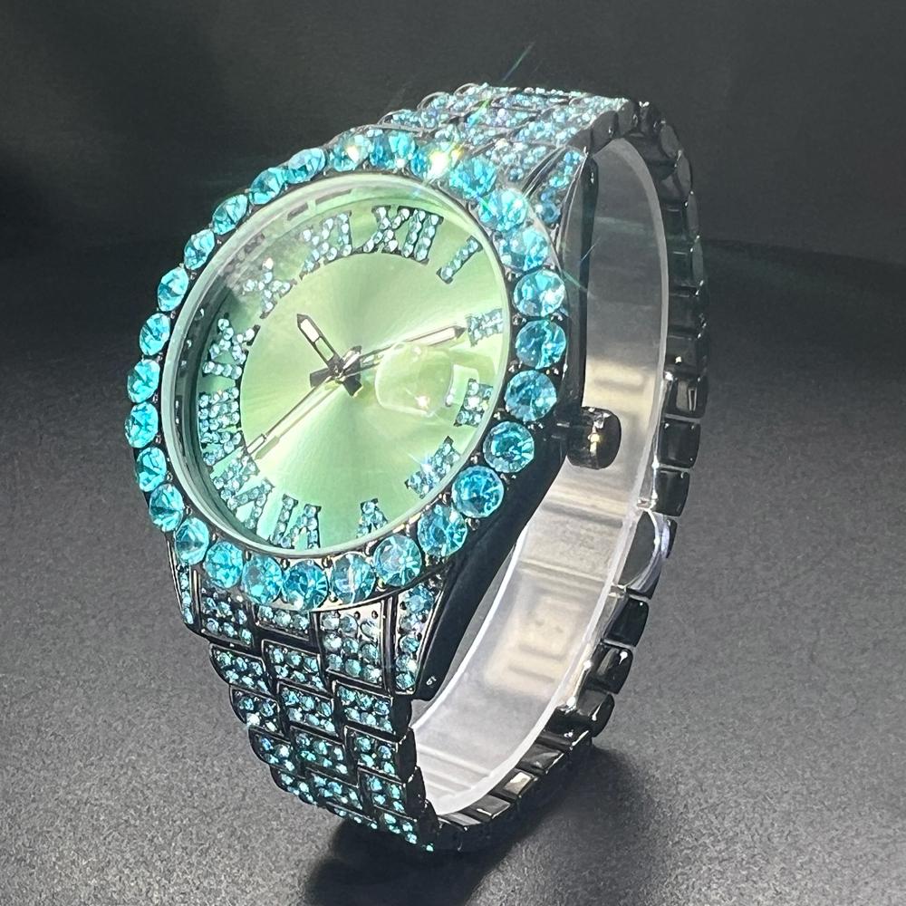 MISSFOX Iced Watch For Men Luxury Diamond Fashion Quartz Wristwatches Automatic Date Green Waterproof Clock For Gift