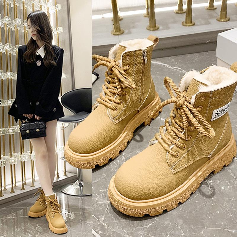 Женская зимняя новая студенческая обувь 2024 года в корейском стиле, теплая повседневная обувь из хлопка на толстой подошве с бархатными зимними ботинками
