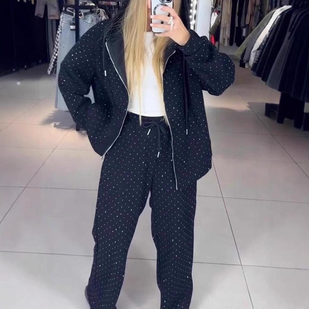 Европейский и Американский Комплект из Двух Предметов: Худи и Широкие Брюки - Женский Повседневный Осенне-Зимний Спортивный Костюм на Молнии с Полной Декорацией Стразами