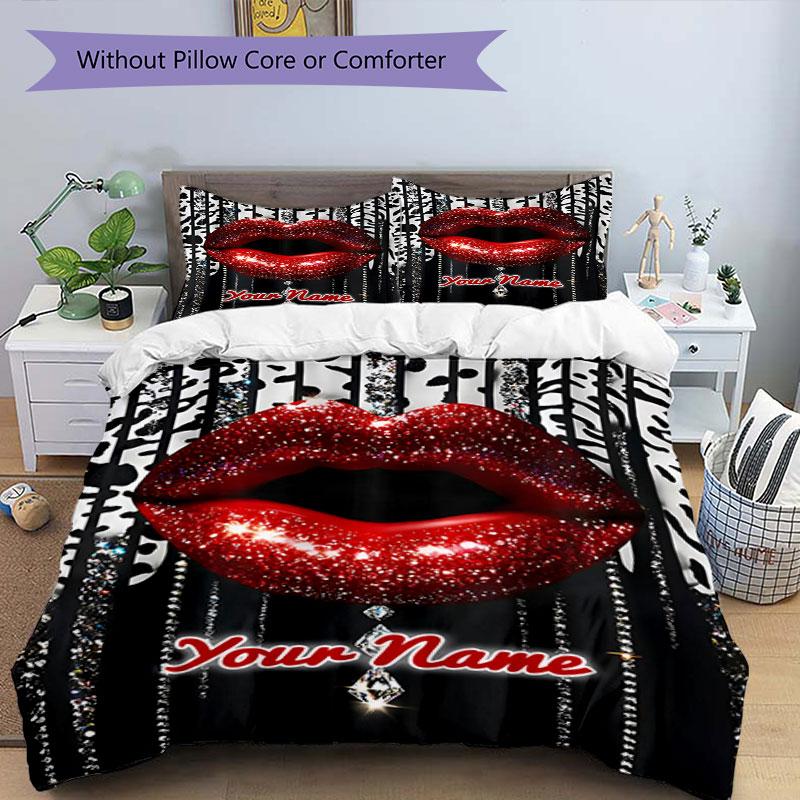 3PC Custom Name Glamorous Glitter Lips Bedding Set Printed Bedding Set Duvet Cover Closure Includes 1 Duvet Cover & 2 Pillowcases for All Seasons Bedr
