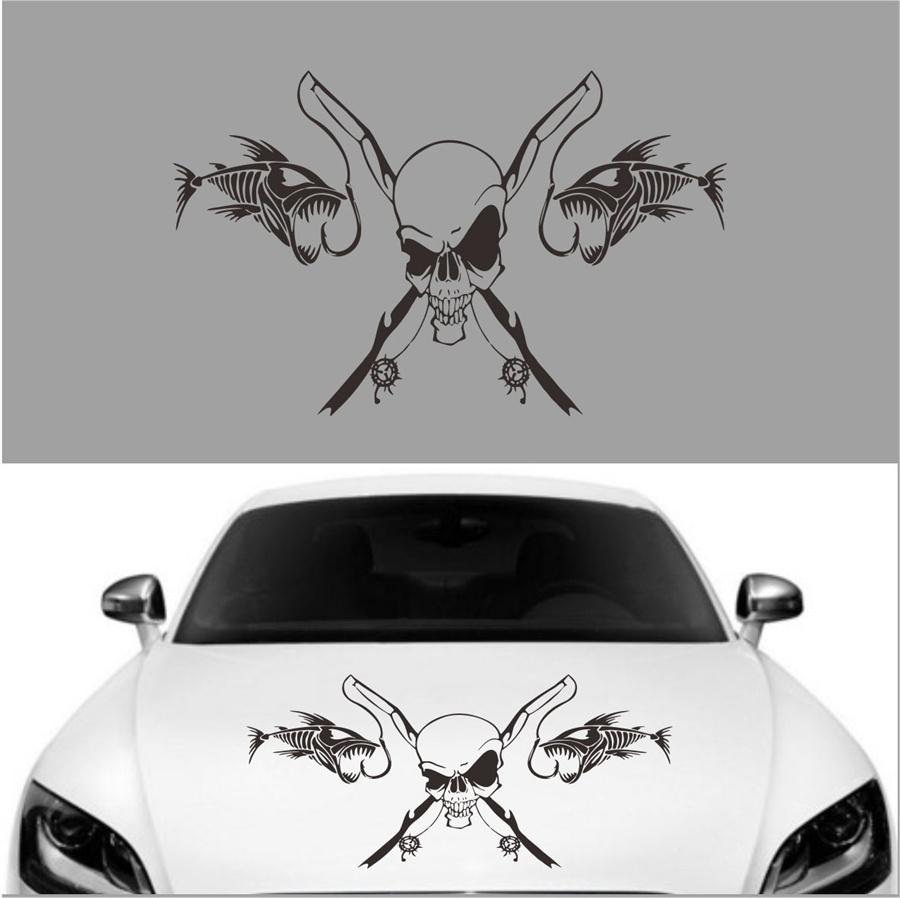 1Pc Car Door/Hood Sticker Fishing Skull Skeleton Fish Rod Hook Vinyl Decal Black