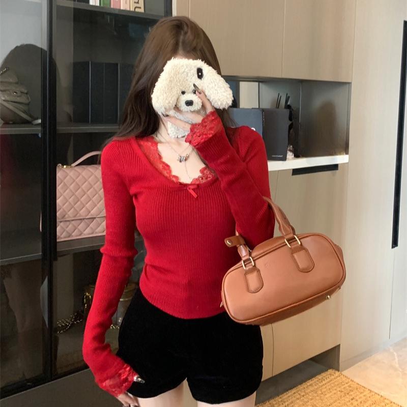 Повседневный вязаный свитер с кружевом и V-образным вырезом для женщин, осень и зима, новые облегающие вязаные свитера, женские топы, элегантные однотонные винтажные женские джемперы 25865