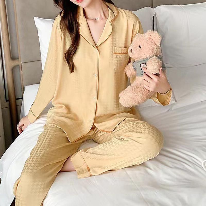 Женский пижамный комплект из двух частей Ice Silk, пижамы, домашняя одежда, топы и брюки на пуговицах, роскошная простая ночная одежда, домашняя одежда