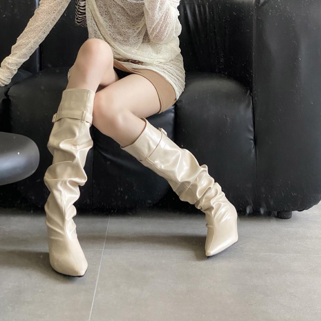 2025 Autumn and Winter New European and American Pointed Toe Wedge Temperament French Fashion Pleated Thin Stacking Boots Boots