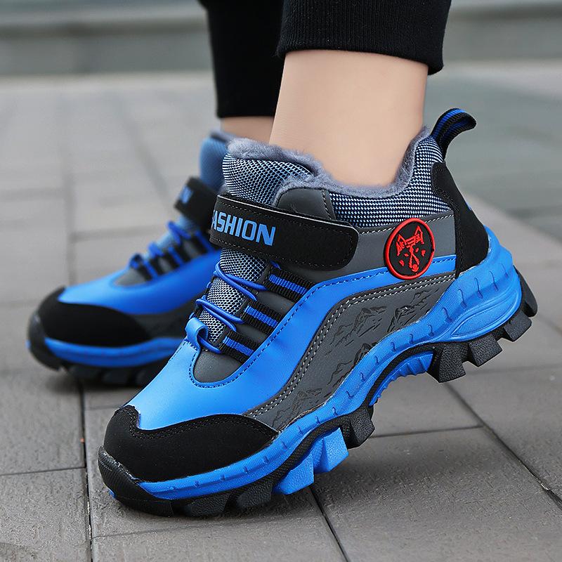 558 Children's Cotton Shoes Hiking Shoes Winter High-top Boys with Velvet To Keep Warm Classmates Leather Cross-country Sports Shoes Older Children