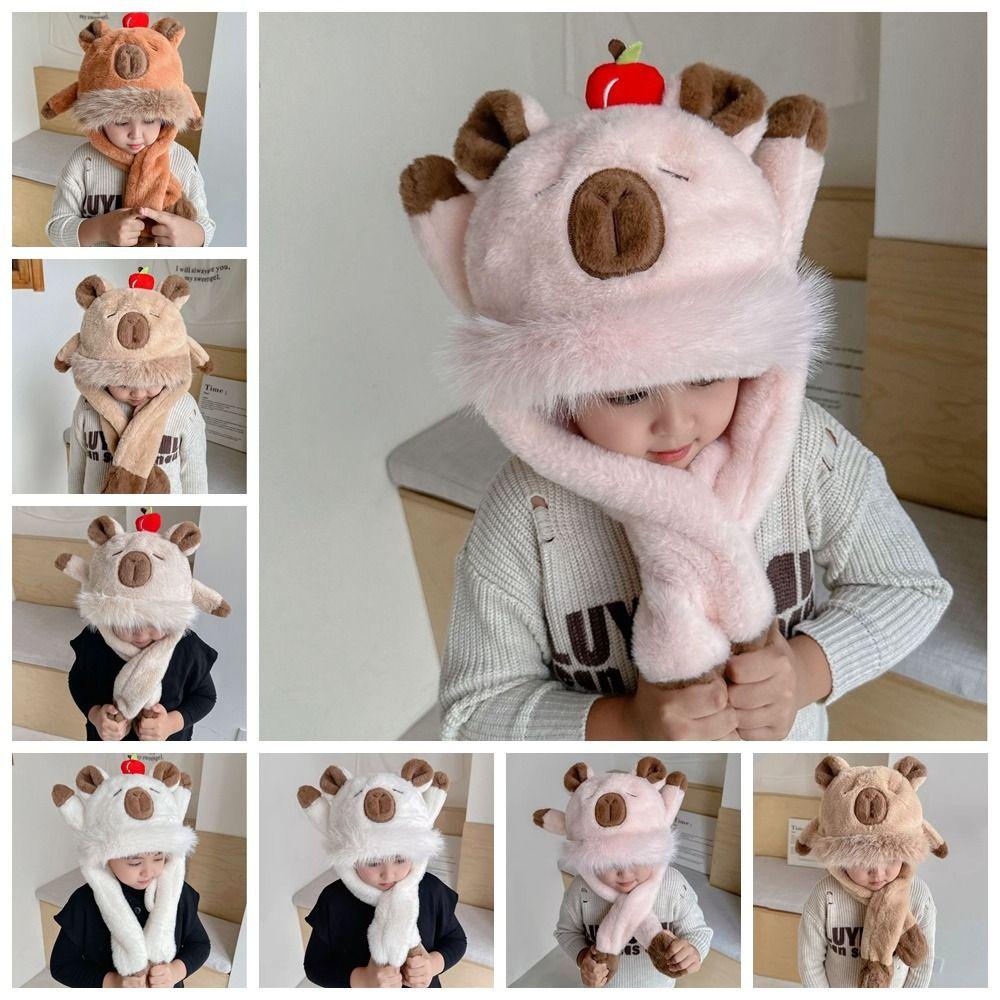 Movable Ears Capybara Hooded Scarf Windproof Plush Hat Scarf Set  Boys/girls