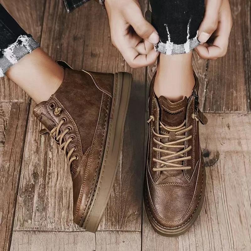 Модные мужские ботинки, зимние модные высокие кожаные ботинки, коричневые черные ботильоны, короткие плюшевые хлопковые туфли на шнуровке, мужские кроссовки, новинка 2024 года